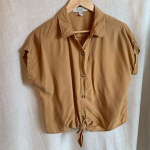 Thread & Supply Shirt Women’s Med Tan Button-Up Tie Front 100% Lyocell Boho Chic
